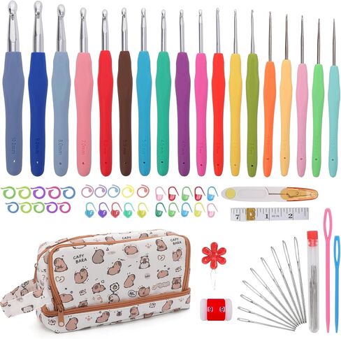 Crochetbox Crochet Hooks Set, 9 Size 2mm(B)-6mm(J) Ergonomic Handles Crochet Hooks with Case for Arthritic Hands, Kintting Needle with Crocheting Tool for Crocheters in Kuwait
