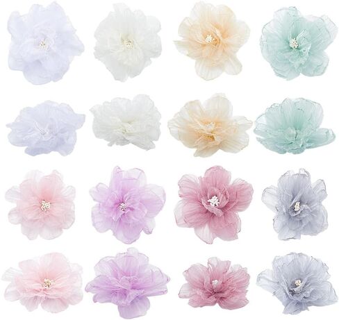 Ahandmaker 16pcs organza 3d الزهور المزينة بالخرز ، 8 ألوان راينستون شيفون زهرة الخياطة الزهرة الزخارف مع اللؤلؤ للاشتعال هدية عصابات الشعر ملحقات الشعر الحفلة in Saudi Arabia