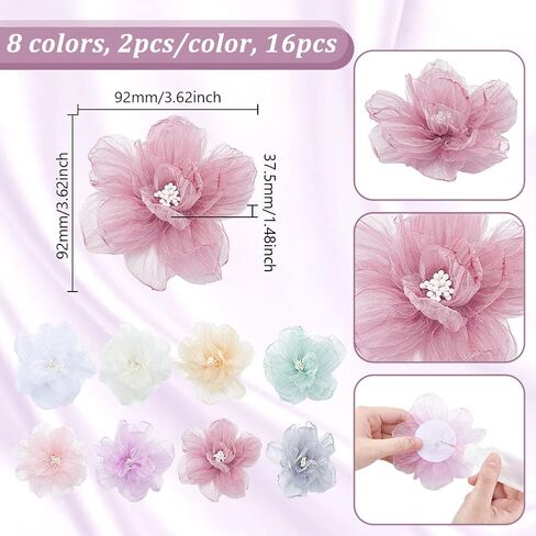 Ahandmaker 16pcs organza 3d الزهور المزينة بالخرز ، 8 ألوان راينستون شيفون زهرة الخياطة الزهرة الزخارف مع اللؤلؤ للاشتعال هدية عصابات الشعر ملحقات الشعر الحفلة in Saudi Arabia