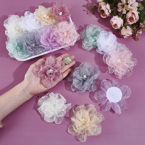 Ahandmaker 16pcs organza 3d الزهور المزينة بالخرز ، 8 ألوان راينستون شيفون زهرة الخياطة الزهرة الزخارف مع اللؤلؤ للاشتعال هدية عصابات الشعر ملحقات الشعر الحفلة in Saudi Arabia