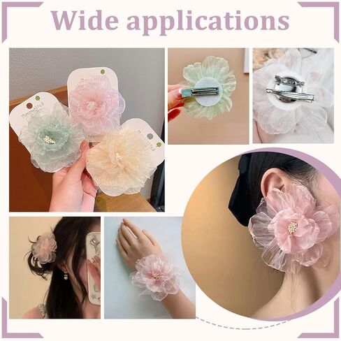 Ahandmaker 16pcs organza 3d الزهور المزينة بالخرز ، 8 ألوان راينستون شيفون زهرة الخياطة الزهرة الزخارف مع اللؤلؤ للاشتعال هدية عصابات الشعر ملحقات الشعر الحفلة in Saudi Arabia