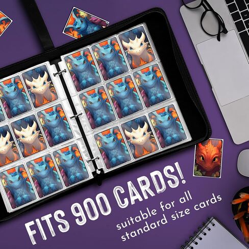 Bremium Sports Card Trading Binder ، غطاء جلدي PU مع تنانين متعددة الألوان ، سعة 900 بطاقة ، 50 أكمام مزدوجة الجوانب 9 جيب ، 3 رنين رنين المعادن ، سستة ومقبض تصميم. in Saudi Arabia