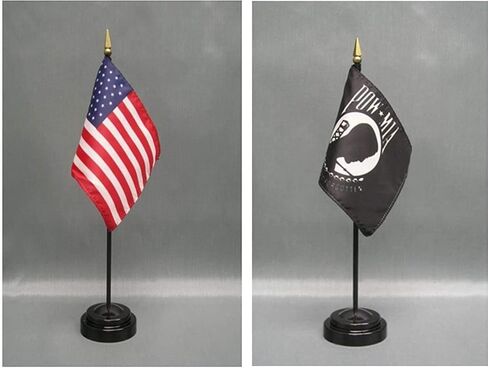 صنع في الولايات المتحدة. واحد أمريكي و 1 سجين الحرب (POW MIA) 4 "X6" Desk & Table Flag ، يتضمنان 2 من حوامل العلم و 2 أعلام عصا صغيرة صغيرة in Kuwait