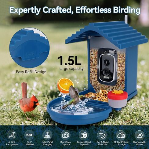 تغذية الطيور مع الكاميرا تعمل بالطاقة الشمسية ، 2.5 كيلو بايت عالي الدقة في عرض Bird House Live ، تحديد أنواع الطيور الذكية للحديقة الخارجية ، حمام الطيور ، هدية مثالية لمحبي الطيور (الأزرق) in Kuwait
