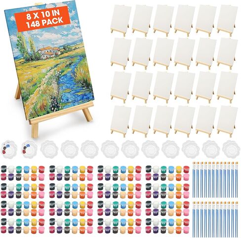 148 Pack Canvas و Eastel مجموعة للحفل 8 × 10 في لوحات قماش للطلاء مع فرش Easels من طلاء صواني الطلاء والدهانات الأكريليك Canvas الطلاء للأطفال البالغين المراهقين الفصول الدراسية. in Kuwait