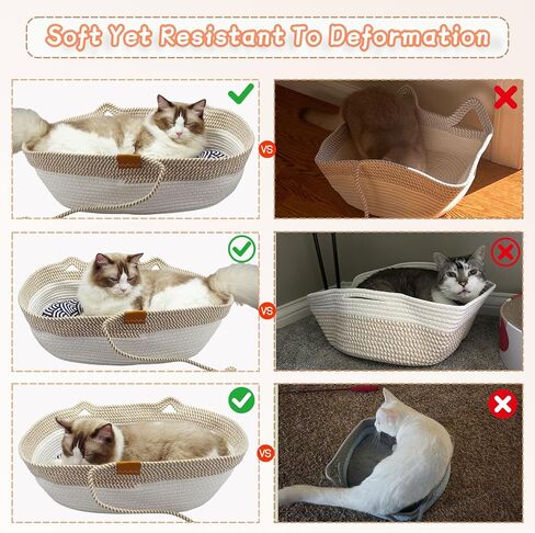 Pet Beds for Cats, Cat Beds for Indoor Cats 21.65" x 15.75" x 6.69",Cotton Rope Oval Cat Bed for All Seasons (with Cooler Straw Mat and Cotton Mat Both), Suitable for cats＆dogs (Yellow-white, Medium) in Kuwait