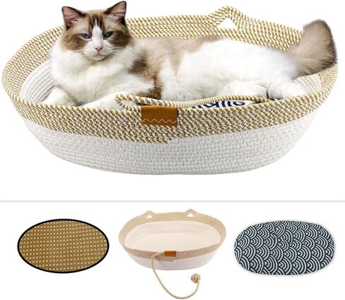 Pet Beds for Cats, Cat Beds for Indoor Cats 21.65" x 15.75" x 6.69",Cotton Rope Oval Cat Bed for All Seasons (with Cooler Straw Mat and Cotton Mat Both), Suitable for cats＆dogs (Yellow-white, Medium) in Kuwait