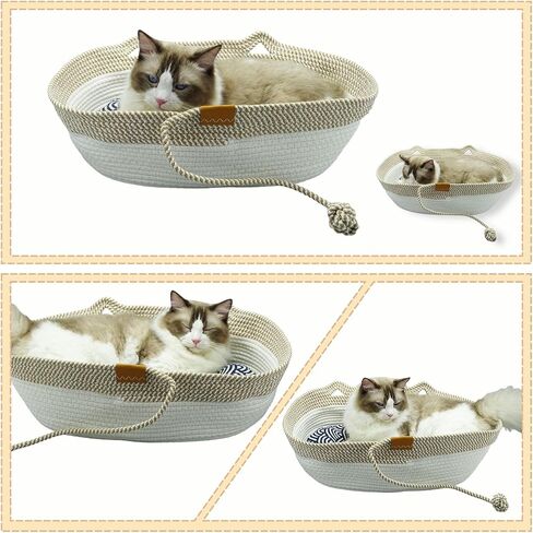 Pet Beds for Cats, Cat Beds for Indoor Cats 21.65" x 15.75" x 6.69",Cotton Rope Oval Cat Bed for All Seasons (with Cooler Straw Mat and Cotton Mat Both), Suitable for cats＆dogs (Yellow-white, Medium) in Kuwait