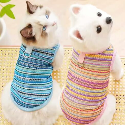 2 Pack Summer Small Dog T-Shirts with Leash Ring Breathable Girl Puppy Clothes Cooling Boy Cats Outfits Sleeveless Dog Tee Shirt Lightweight Pet Vest Shirt (Pink+Bue Hollow Out, Large) in Kuwait