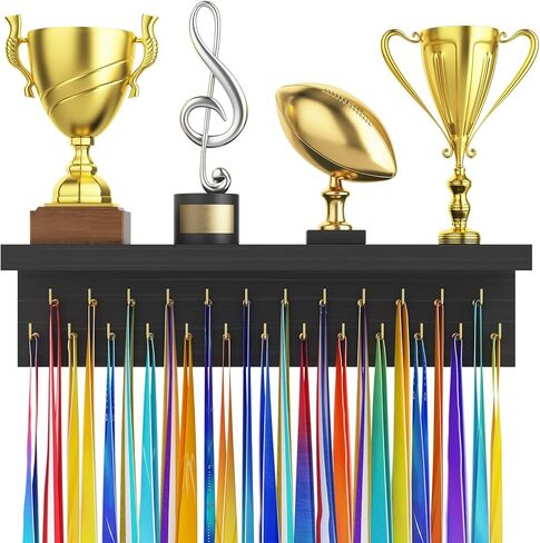 Medal Hanger Display and Trophy Shelf Organizer, Wooden Wall Mount Ribbon Holder with 25 Steel Hooks, Race Awards Storage Rack Stand for Sports Enthusiasts in Kuwait
