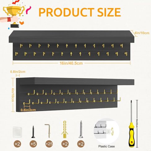 Medal Hanger Display and Trophy Shelf Organizer, Wooden Wall Mount Ribbon Holder with 25 Steel Hooks, Race Awards Storage Rack Stand for Sports Enthusiasts in Kuwait