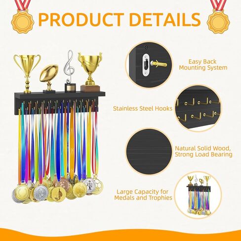 Medal Hanger Display and Trophy Shelf Organizer, Wooden Wall Mount Ribbon Holder with 25 Steel Hooks, Race Awards Storage Rack Stand for Sports Enthusiasts in Kuwait