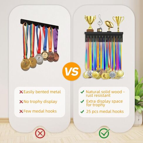 Medal Hanger Display and Trophy Shelf Organizer, Wooden Wall Mount Ribbon Holder with 25 Steel Hooks, Race Awards Storage Rack Stand for Sports Enthusiasts in Kuwait
