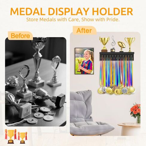 Medal Hanger Display and Trophy Shelf Organizer, Wooden Wall Mount Ribbon Holder with 25 Steel Hooks, Race Awards Storage Rack Stand for Sports Enthusiasts in Kuwait