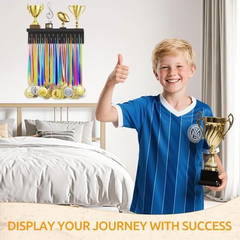 Medal Hanger Display and Trophy Shelf Organizer, Wooden Wall Mount Ribbon Holder with 25 Steel Hooks, Race Awards Storage Rack Stand for Sports Enthusiasts in Kuwait