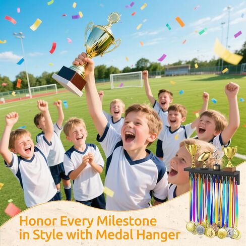 Medal Hanger Display and Trophy Shelf Organizer, Wooden Wall Mount Ribbon Holder with 25 Steel Hooks, Race Awards Storage Rack Stand for Sports Enthusiasts in Kuwait