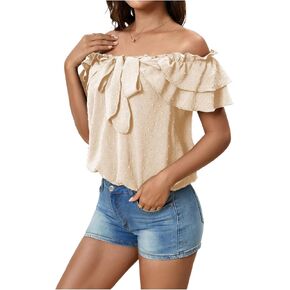 SweatyRocks Women's Off Shoulder Ruffle Trim Knot Front Blouse Tiered Layer Butterfly Short Sleeve Chiffon Tops Summer in Kuwait