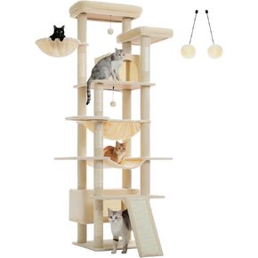 شجرة قطط طولها 81 بوصة للقطط الداخلية البالغة البالغة-برج القطط متعدد المستويات مع أرجوحة إطار معدني كبير ، منحدر خدش 2 في 1 ، عثمان أعلى ، شقق مريحة و 6 منشورات خدش-رمادي داكن in Kuwait