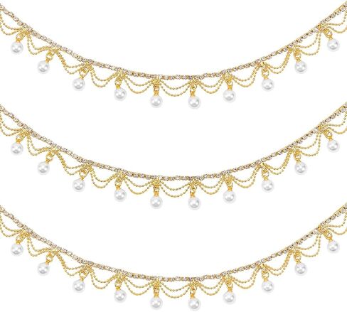 Nbeads 1 Yard Rhinestone Pearl Tassel Fringe Trim Ribbon ، Diamond outlaid Pearl Beaded Chain Hosterming for Sewing Craft ، Diy Jewelry Wedding Bridal Costume Decoration in Kuwait