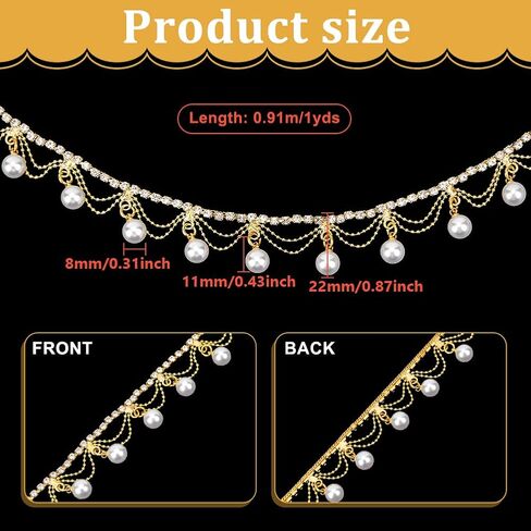 Nbeads 1 Yard Rhinestone Pearl Tassel Fringe Trim Ribbon ، Diamond outlaid Pearl Beaded Chain Hosterming for Sewing Craft ، Diy Jewelry Wedding Bridal Costume Decoration in Kuwait