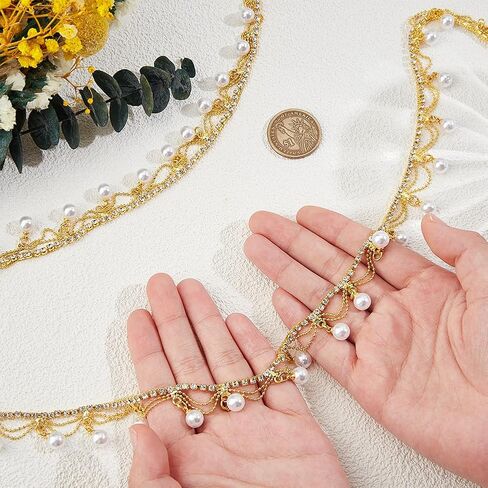 Nbeads 1 Yard Rhinestone Pearl Tassel Fringe Trim Ribbon ، Diamond outlaid Pearl Beaded Chain Hosterming for Sewing Craft ، Diy Jewelry Wedding Bridal Costume Decoration in Kuwait