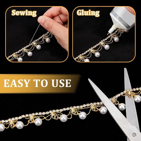 Nbeads 1 Yard Rhinestone Pearl Tassel Fringe Trim Ribbon ، Diamond outlaid Pearl Beaded Chain Hosterming for Sewing Craft ، Diy Jewelry Wedding Bridal Costume Decoration in Kuwait
