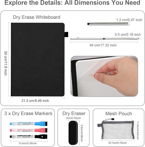 AGM Portable White Board Dry Erase Notebook, 8.4" x 6" Double Sided Folding Whiteboards with 3 Pens, Small Travel Dry Erase Board Skin-Friendly Material for Study, Meeting, Planning, Dark in Kuwait