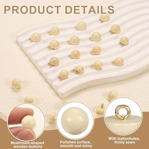 Harfington 30pcs أزرار الخشب 0.47 "(12 مم) نوع الفطر مقببة جولة الخياطة الخشبية الزر ملحقات الخياطة مع شانك لفساتين زفاف قميص تشيونغسام ، الأصفر in Saudi Arabia