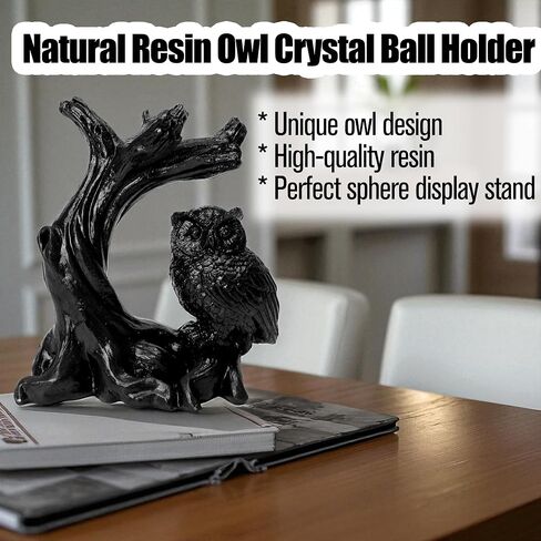 Owl Sphere Holder Crystal Stand Ball Resin Display – 4.92''x4.06'' Natural Quartz Wood Base Figurine, Stable Desktop Decoration for Bedroom, Office, Living Room, Study – Crystal Ball Decor Gift in Saudi Arabia
