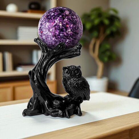 Owl Sphere Holder Crystal Stand Ball Resin Display – 4.92''x4.06'' Natural Quartz Wood Base Figurine, Stable Desktop Decoration for Bedroom, Office, Living Room, Study – Crystal Ball Decor Gift in Saudi Arabia