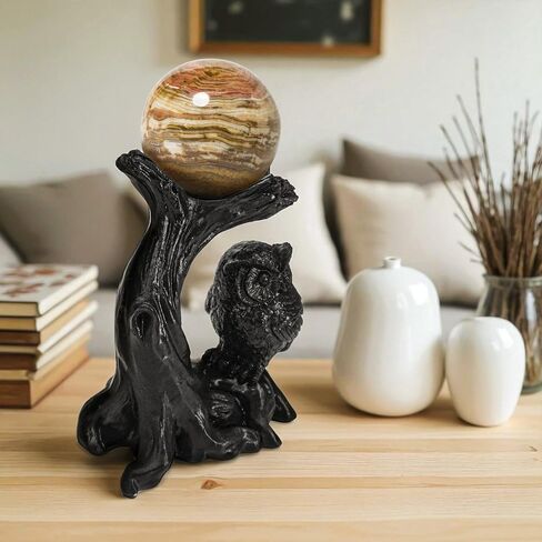 Owl Sphere Holder Crystal Stand Ball Resin Display – 4.92''x4.06'' Natural Quartz Wood Base Figurine, Stable Desktop Decoration for Bedroom, Office, Living Room, Study – Crystal Ball Decor Gift in Saudi Arabia