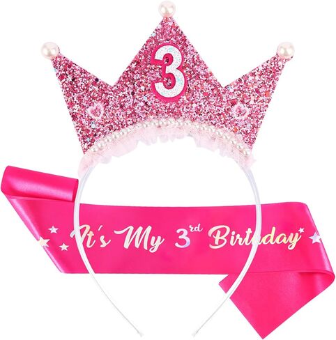 Birthday Girl Headband with Pearl & Sash Set for 4th Birthday Decorations for Girls, Princess Crown Headband for 4 Year Old Girl Outfit Gift Dress in Saudi Arabia