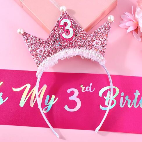 Birthday Girl Headband with Pearl & Sash Set for 4th Birthday Decorations for Girls, Princess Crown Headband for 4 Year Old Girl Outfit Gift Dress in Saudi Arabia