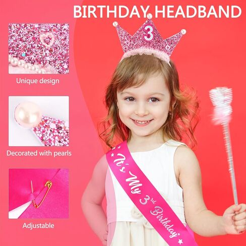 Birthday Girl Headband with Pearl & Sash Set for 4th Birthday Decorations for Girls, Princess Crown Headband for 4 Year Old Girl Outfit Gift Dress in Saudi Arabia