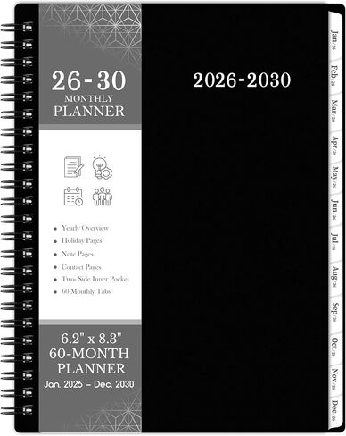 2026-2030 Monthly Planner - 5 year planner, JAN. 2026 - DEC. 2030, 6.2" x 8.3", 5 year calendar 2026-2030 monthly planner, Monthly Planners/Calendar with Waterproof Cover, Twin-Wire Binding, Tabs, Storage Pocket, Classic Black in Saudi Arabia