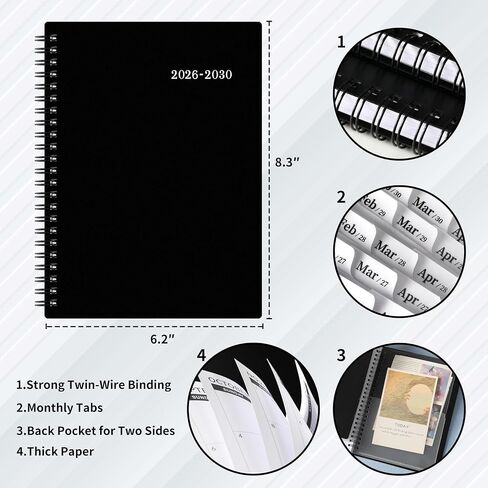 2026-2030 Monthly Planner - 5 year planner, JAN. 2026 - DEC. 2030, 6.2" x 8.3", 5 year calendar 2026-2030 monthly planner, Monthly Planners/Calendar with Waterproof Cover, Twin-Wire Binding, Tabs, Storage Pocket, Classic Black in Saudi Arabia