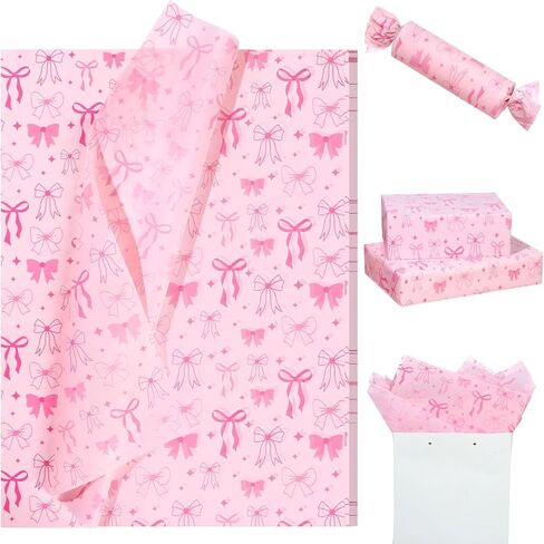 100 Sheets Pink Bow Tissue Papers for Gift Bags, Cute Bows Gift Wrapping Tissue Paper, Bowknot Art Paper for Coquette Birthday Wedding Bridal Shower Bachelorette Party Decor DIY Craft, 20 x 14IN in Kuwait