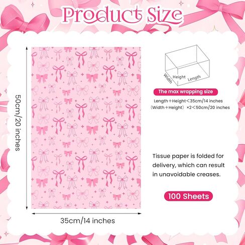 100 Sheets Pink Bow Tissue Papers for Gift Bags, Cute Bows Gift Wrapping Tissue Paper, Bowknot Art Paper for Coquette Birthday Wedding Bridal Shower Bachelorette Party Decor DIY Craft, 20 x 14IN in Kuwait