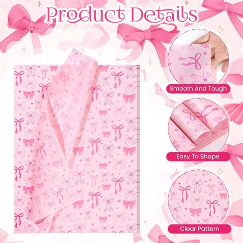 100 Sheets Pink Bow Tissue Papers for Gift Bags, Cute Bows Gift Wrapping Tissue Paper, Bowknot Art Paper for Coquette Birthday Wedding Bridal Shower Bachelorette Party Decor DIY Craft, 20 x 14IN in Kuwait