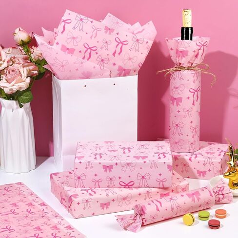 100 Sheets Pink Bow Tissue Papers for Gift Bags, Cute Bows Gift Wrapping Tissue Paper, Bowknot Art Paper for Coquette Birthday Wedding Bridal Shower Bachelorette Party Decor DIY Craft, 20 x 14IN in Kuwait