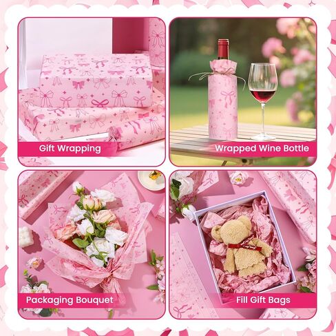 100 Sheets Pink Bow Tissue Papers for Gift Bags, Cute Bows Gift Wrapping Tissue Paper, Bowknot Art Paper for Coquette Birthday Wedding Bridal Shower Bachelorette Party Decor DIY Craft, 20 x 14IN in Kuwait