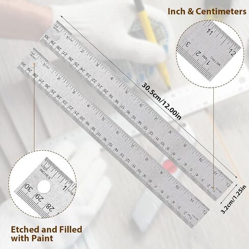 2pcs حاكم 12 بوصة ， حاكم المعادن مع دعم كورك يدعم الحكام غير المنقوشين مع بوصة و centimeters للاختراق محسّن المنازل. in Kuwait