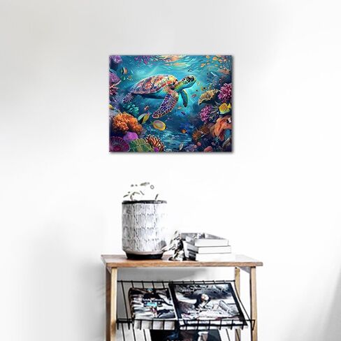 paints الطلاء بالأرقام سلحفاة البحر السعيد في مجموعة فن الشعاب المرجانية النابضة بالحياة مع الأسماك الاستوائية حياة المحيطات DIY اللوحة لتخفيف الإجهاد ديكور المنزل 16 × 20 بوصة in Saudi Arabia