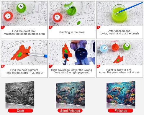 paints الطلاء بالأرقام سلحفاة البحر السعيد في مجموعة فن الشعاب المرجانية النابضة بالحياة مع الأسماك الاستوائية حياة المحيطات DIY اللوحة لتخفيف الإجهاد ديكور المنزل 16 × 20 بوصة in Saudi Arabia