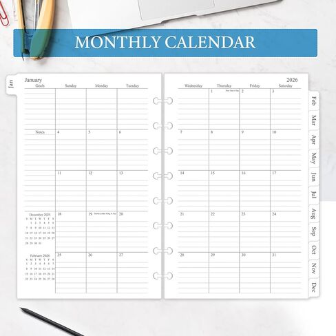 2026 Weekly & Monthly Planner Refill, A5 Medium Planner Inserts for 8-Disc Discbound Planner, 5.5"x8.5", Jan. 2026 - Dec. 2026, 12 Monthly Calendars with Laminated Tabs in Kuwait