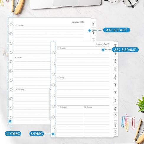 2026 Weekly & Monthly Planner Refill, A5 Medium Planner Inserts for 8-Disc Discbound Planner, 5.5"x8.5", Jan. 2026 - Dec. 2026, 12 Monthly Calendars with Laminated Tabs in Kuwait
