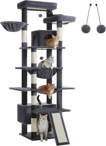 81 Inch Tall Cat Tree for Indoor Cats Large Adult - Multi-Level Cat Tower with Large Metal Frame Hammock, 2-in-1 Scratching Ramp, 2 Top Perches, 2 Cozy Condos & 6 Scratching Posts - Dark Grey in Kuwait