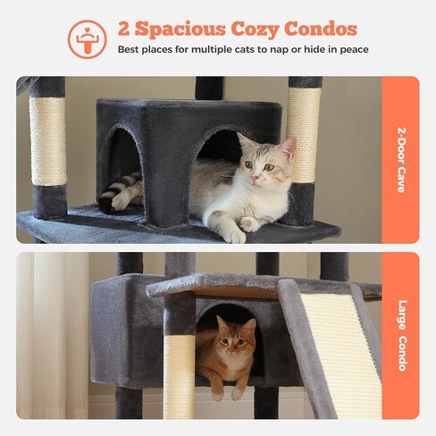 81 Inch Tall Cat Tree for Indoor Cats Large Adult - Multi-Level Cat Tower with Large Metal Frame Hammock, 2-in-1 Scratching Ramp, 2 Top Perches, 2 Cozy Condos & 6 Scratching Posts - Dark Grey in Kuwait