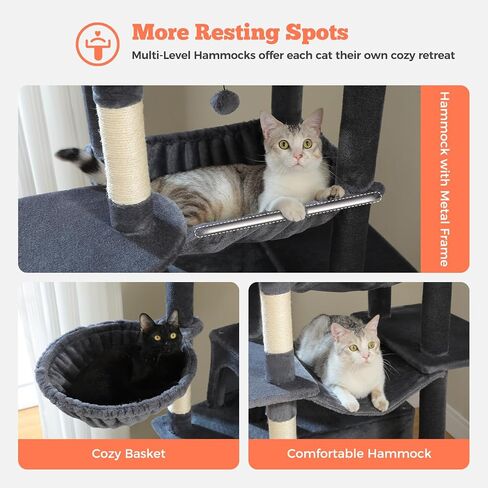 81 Inch Tall Cat Tree for Indoor Cats Large Adult - Multi-Level Cat Tower with Large Metal Frame Hammock, 2-in-1 Scratching Ramp, 2 Top Perches, 2 Cozy Condos & 6 Scratching Posts - Dark Grey in Kuwait