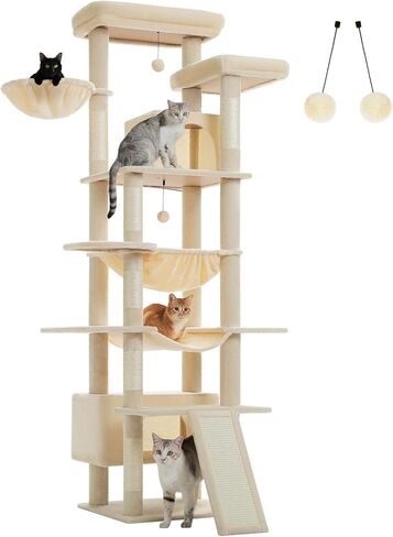 شجرة قطط طولها 81 بوصة للقطط الداخلية البالغة البالغة-برج القطط متعدد المستويات مع أرجوحة إطار معدني كبير ، منحدر خدش 2 في 1 ، عثمان أعلى ، شقق مريحة و 6 منشورات خدش-رمادي داكن in Kuwait